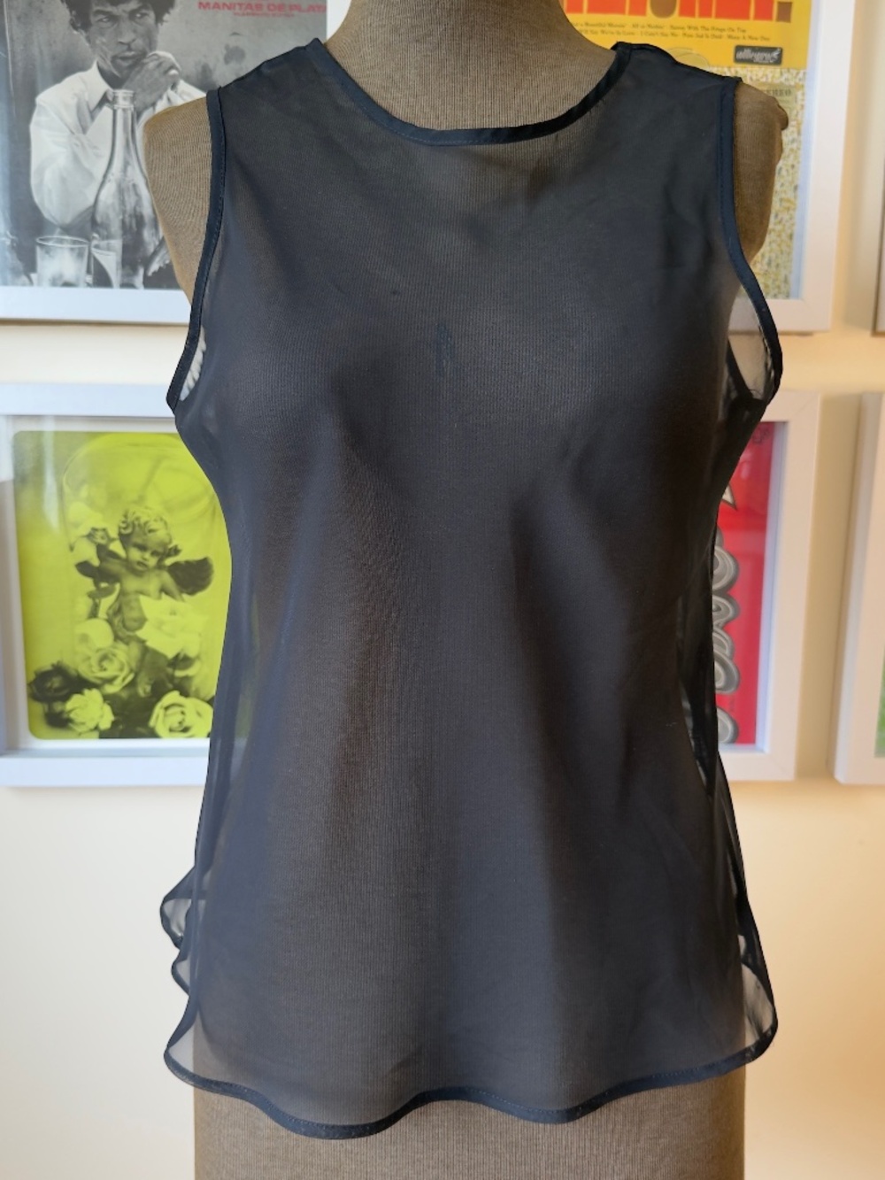 Vintage 90s Black Sheer Mesh Tank Top | Minimalist | Y2K Dark Romantic